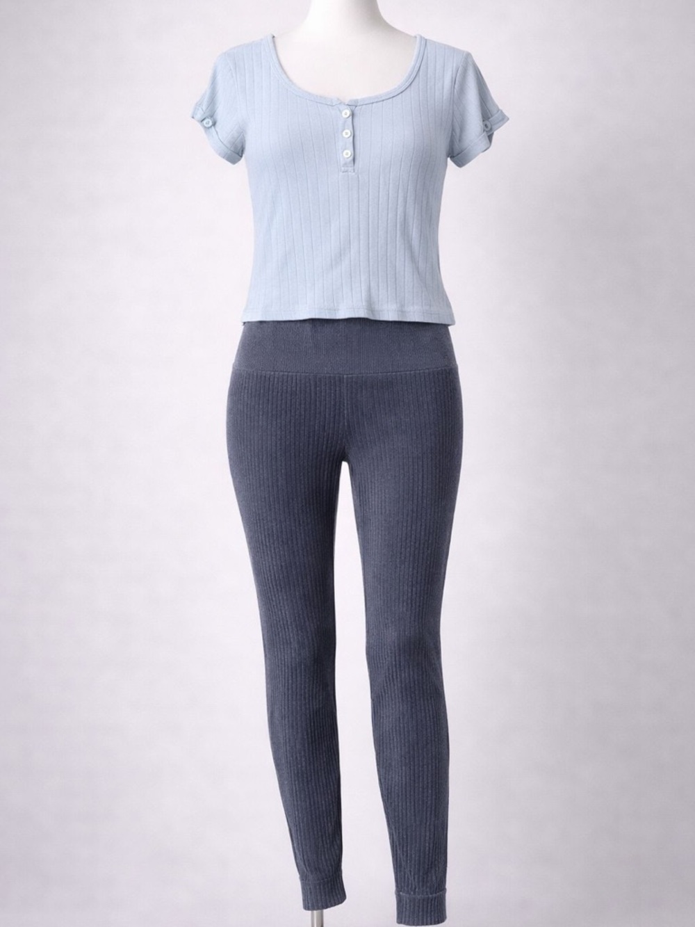 Aura Light Blue Ribbed Henley Top
